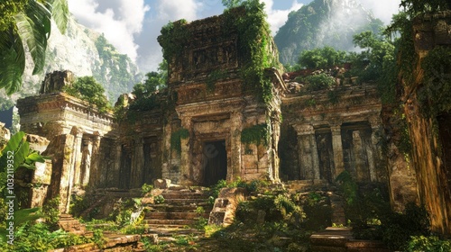 Overgrown stone temple ruins in jungle.