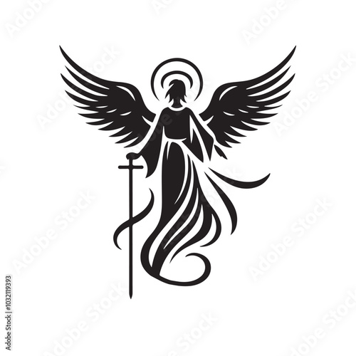 Black Angel Silhouette With Wings and Sword.eps