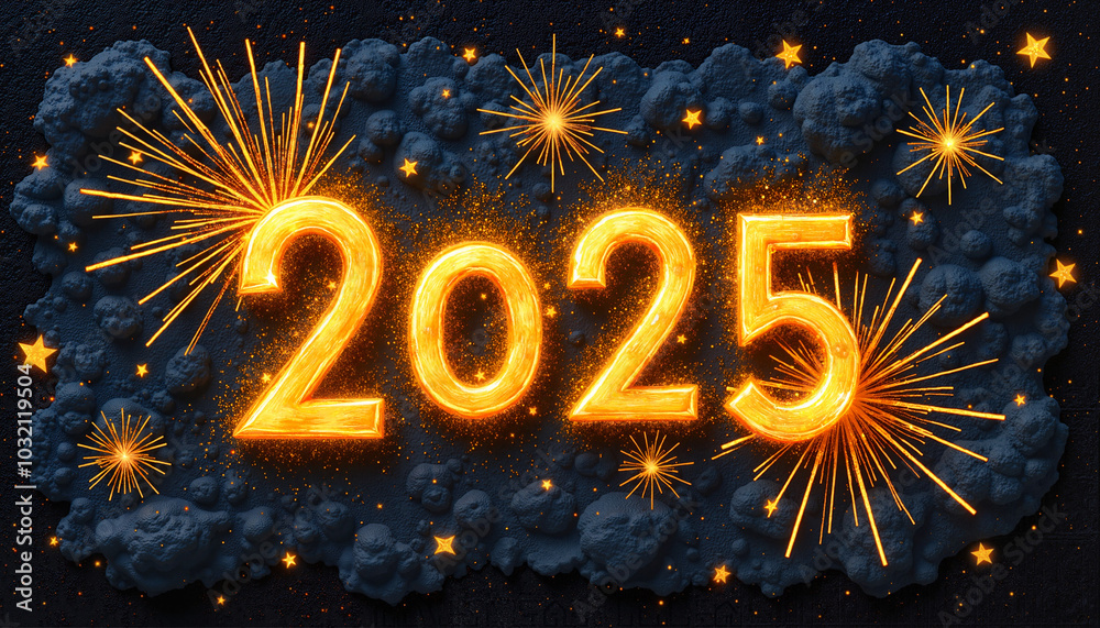 Bold New Year card design featuring the year 2025 with fireworks and a night sky background Bold New Year card design featuring the year 2025 with fireworks and a night sky background