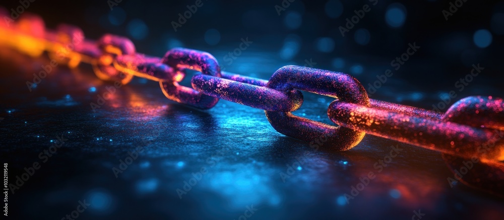A close-up of a metal chain with a glowing red and blue effect. A close-up of a metal chain with a glowing red and blue effect.