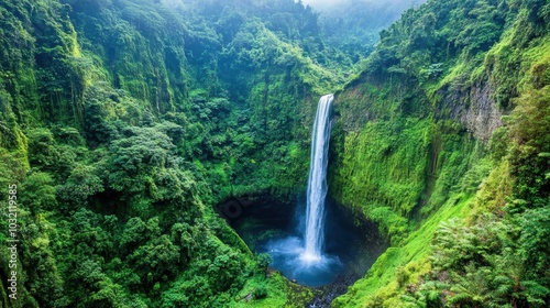 Lush greenery surrounds a tall waterfall.