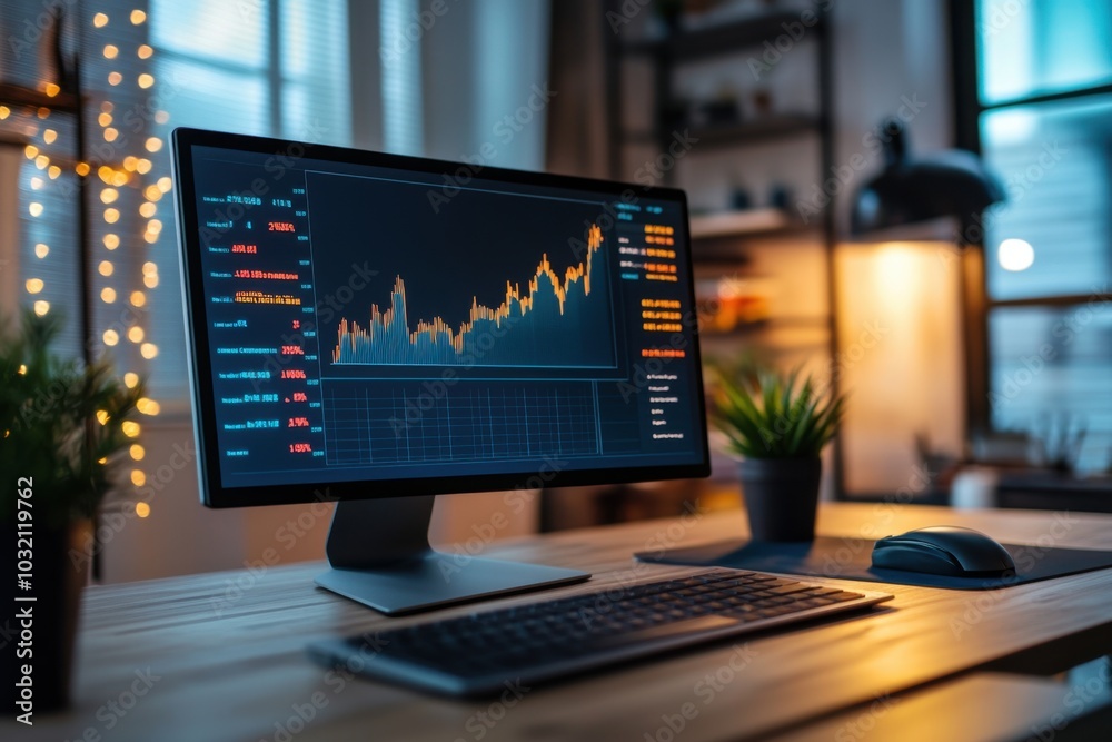 Modern Workspace with Stock Market Screen Display
