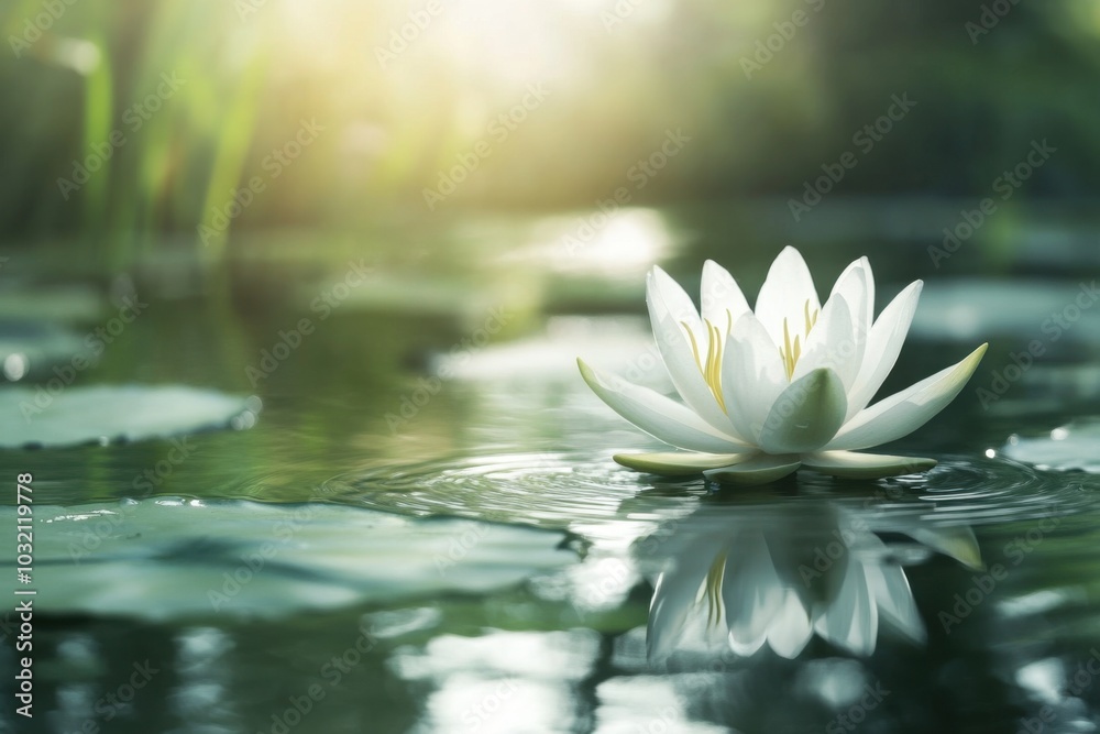 Serene White Lotus Blossom on Calm Water Surface Serene White Lotus Blossom on Calm Water Surface