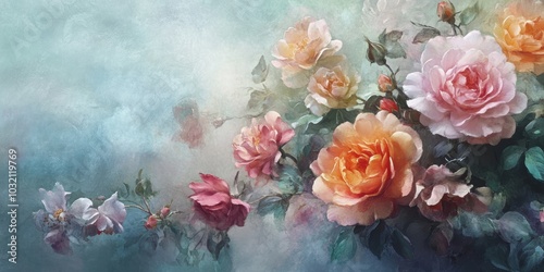 Pink and orange roses on a blue background.