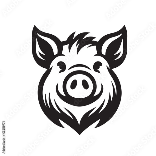 Smiling Pig Head Black and White Illustration.eps