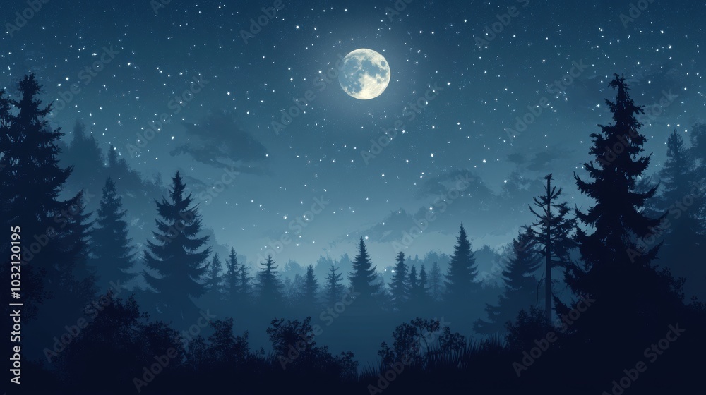 Naklejka premium Night sky, full moon, and silhouetted trees.