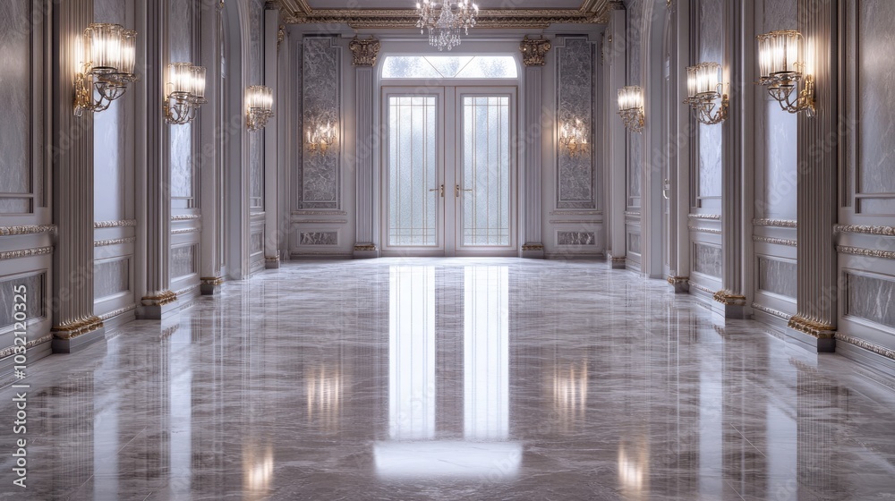 Fototapeta premium A grand hallway with a glossy marble floor