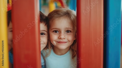 Carefree Children Engaged in a Game of Hide and Seek Exploring the Playground Equipment with Delight and Laughter