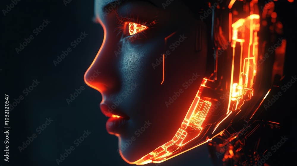 Woman with glowing orange eyes is wearing a futuristic helmet with glowing orange lights, creating a striking contrast against the dark background Woman with glowing orange eyes is wearing a futuristic helmet with glowing orange lights, creating a striking contrast against the dark background