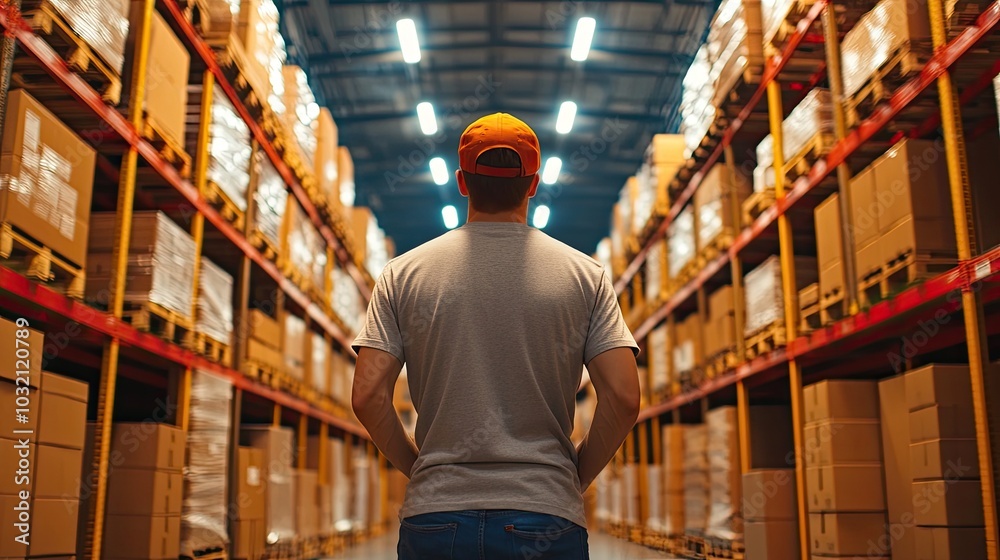 Warehouse Worker Packing Boxes Under Dim Lights Warehouse Worker Packing Boxes Under Dim Lights