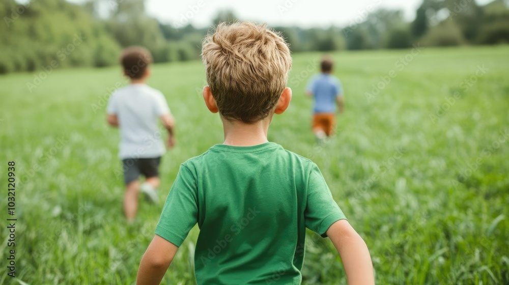 Fototapeta premium Children running up a grassy hill near a playground getting ready to race back down enjoying an outdoor fun and friendship activity in a natural lush green landscape