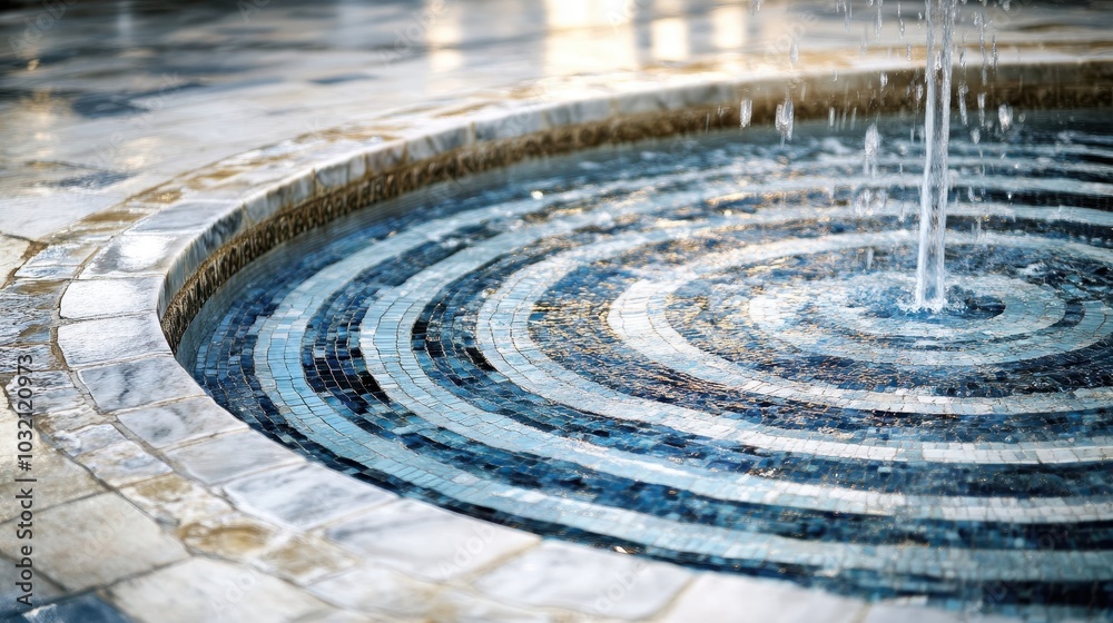 Close-up of mosaic base of Roman villa fountain blue and white tiles reflect light on water Close-up of mosaic base of Roman villa fountain blue and white tiles reflect light on water