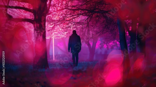 A person stands alone in a dark forest illuminated by pink lights