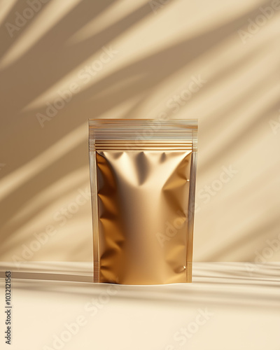 Clean Minimalistic Mock-Up of an Unbranded Standup Pouch on Light Tan Background with Subtle Shadows and Natural Studio Lighting photo