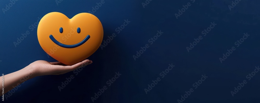A hand holds a cheerful orange heart against a dark blue background, symbolizing happiness and positivity. A hand holds a cheerful orange heart against a dark blue background, symbolizing happiness and positivity.