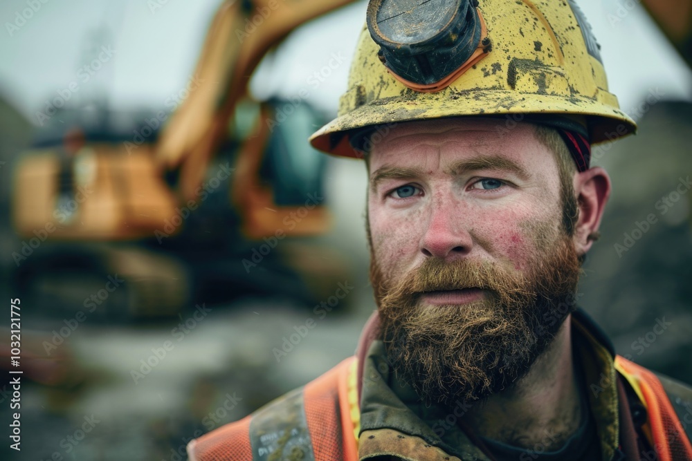 A person wearing a hard hat and beard, possibly a construction worker or miner A person wearing a hard hat and beard, possibly a construction worker or miner
