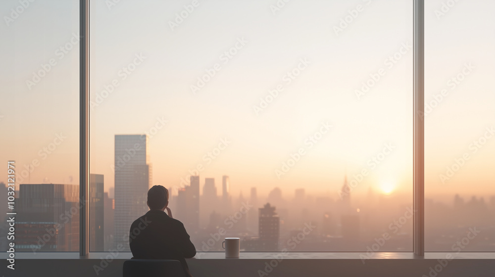 Person sitting by the window in a new apartment, enjoying the view of an unfamiliar cityscape, sipping from a coffee cup and daydreaming photo Person sitting by the window in a new apartment, enjoying the view of an unfamiliar cityscape, sipping from a coffee cup and daydreaming photo