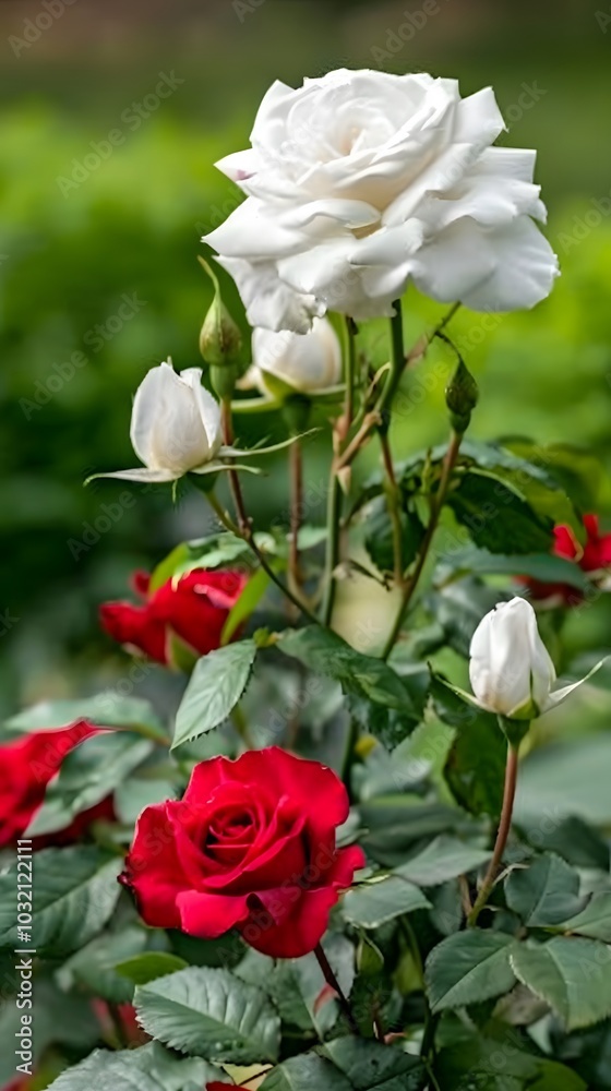 A striking arrangement of white and red roses in full bloom. A striking arrangement of white and red roses in full bloom.