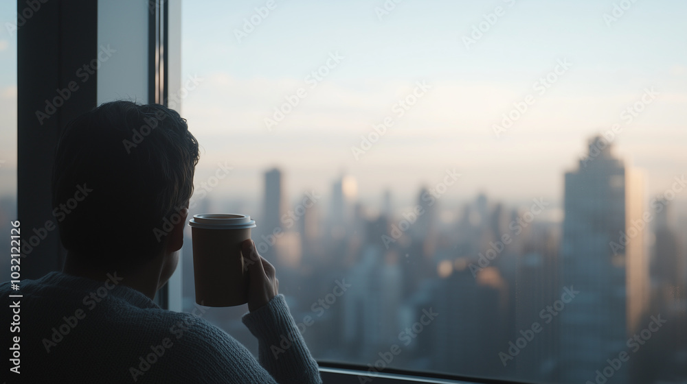 Person sitting by the window in a new apartment, enjoying the view of an unfamiliar cityscape, sipping from a coffee cup and daydreaming photo Person sitting by the window in a new apartment, enjoying the view of an unfamiliar cityscape, sipping from a coffee cup and daydreaming photo