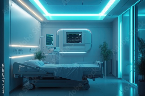 A hospital room with medical equipment including a bed and a monitor