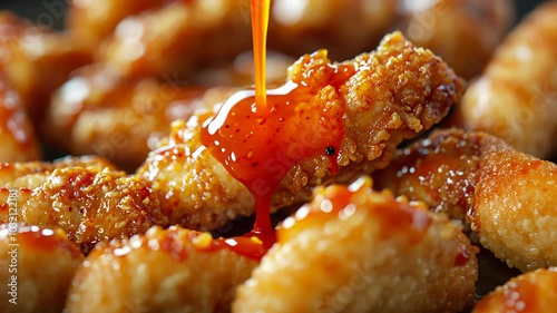 Buffalo sauce dripping off chicken strip in wide-angle shot
