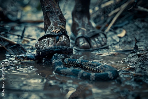 Man's Feet and Camouflaged Snake in Wet Environment