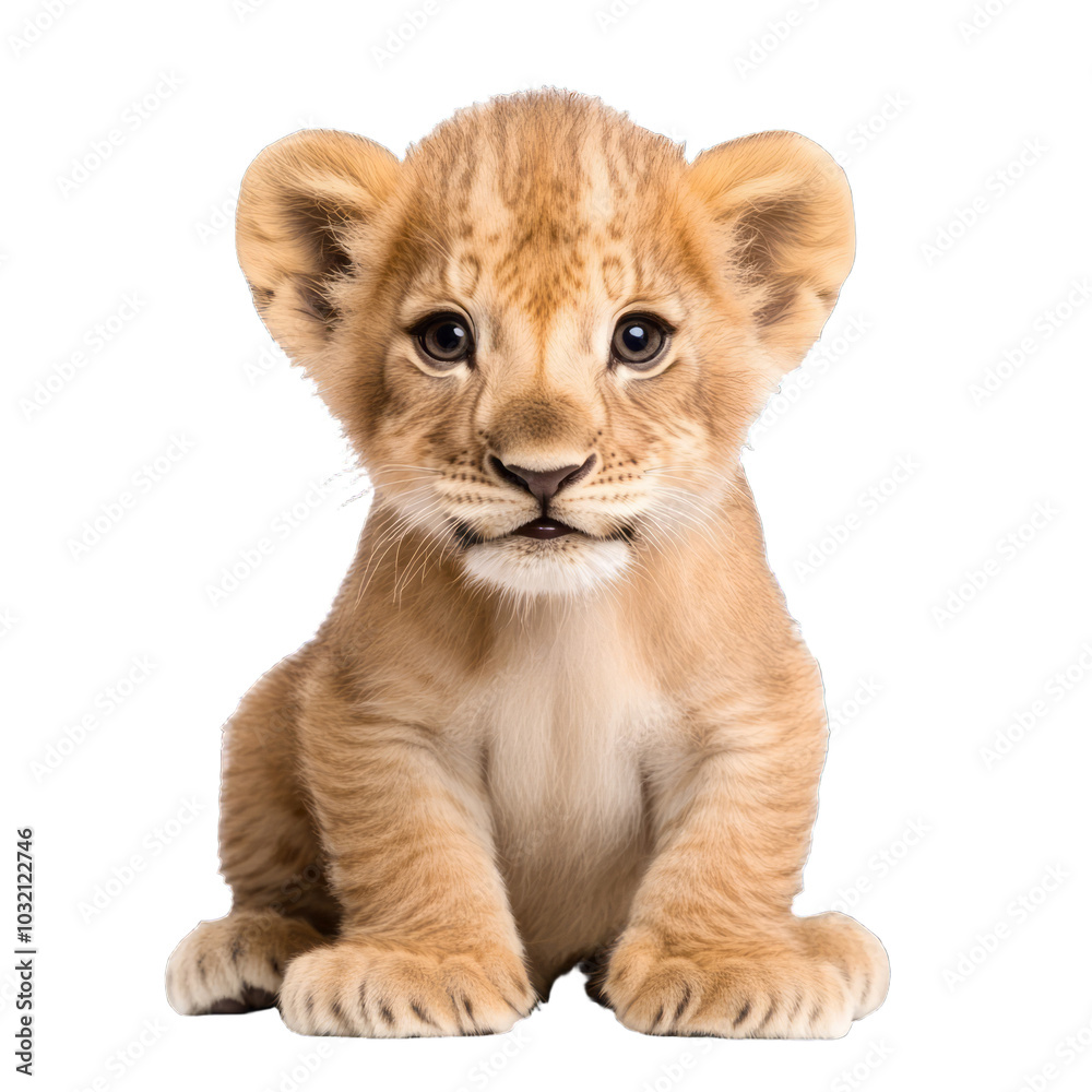 Lion cub with playful expression and soft fur isolated on a transparent background 