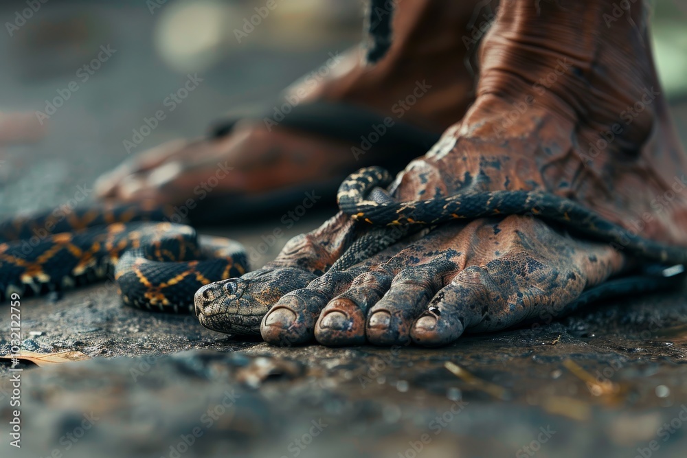 Man's Feet and Camouflaged Snake in Wet Environment Man's Feet and Camouflaged Snake in Wet Environment