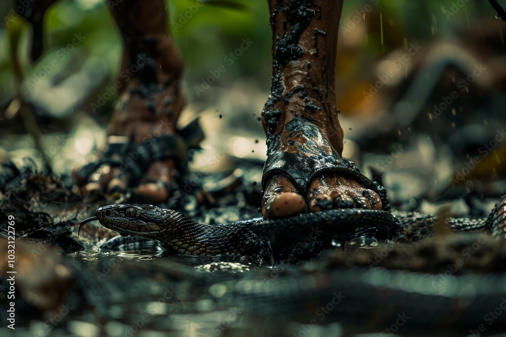 Man's Feet and Camouflaged Snake in Wet Environment Man's Feet and Camouflaged Snake in Wet Environment