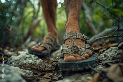 Man's Feet and Camouflaged Snake in Wet Environment