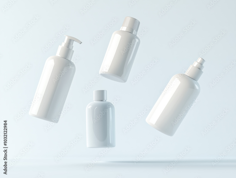 Mockup of 5 Floating Hair Product Packages on White Background, No Label, Minimalist White Packaging, Beauty and Haircare Advertisement Design