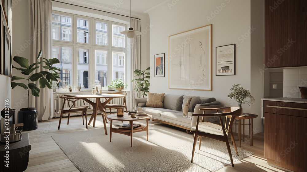 Fototapeta premium Scandinavian-inspired living room with a blank canvas above the sofa and simple furniture, perfect for overlaying designs