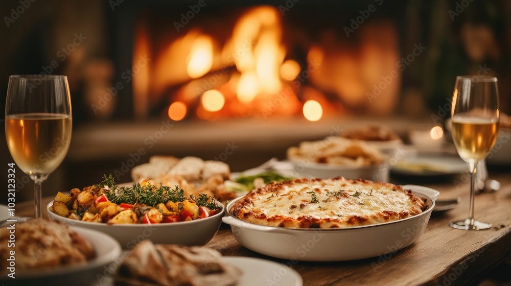 Cozy family dinner scene by the warm fireplace with a table set with hearty homemade dishes and glasses of wine creating a welcoming and intimate atmosphere for a special gathering Cozy family dinner scene by the warm fireplace with a table set with hearty homemade dishes and glasses of wine creating a welcoming and intimate atmosphere for a special gathering