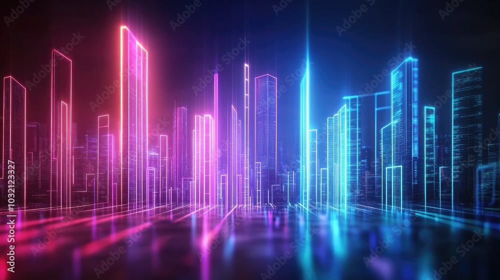 Fototapeta premium Neon Pixelated Cityscape with Glitch Effects