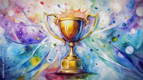 Victory watercolor illustration of a trophy surrounded by colorful confetti and light