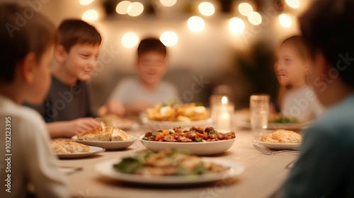 A family gathered around the dinner table enjoying a hearty delicious meal together with the warm cozy glow of lighting creating a comfortable