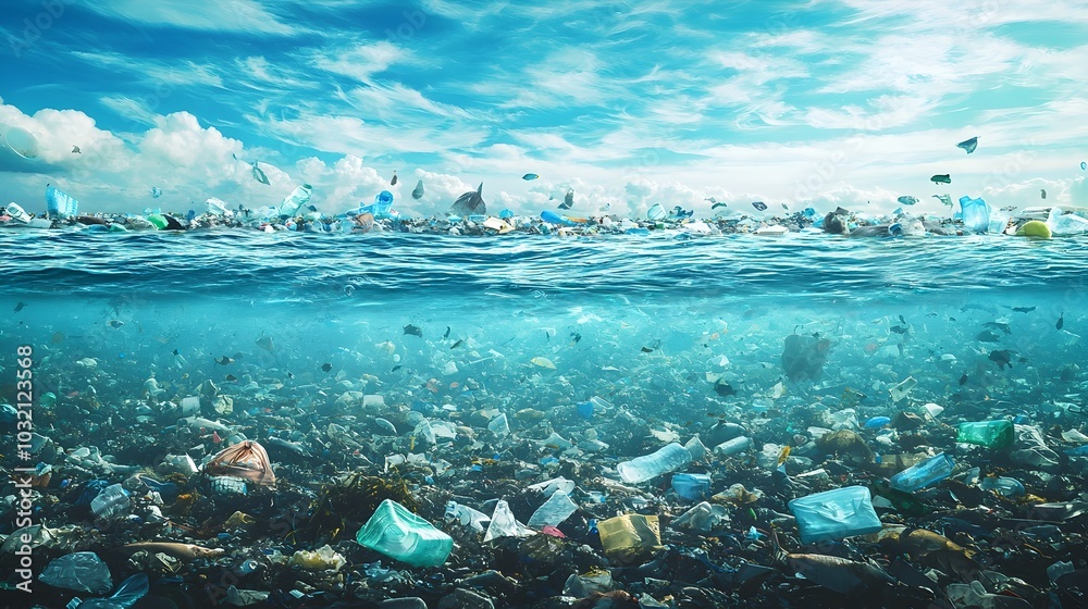 Fototapeta premium Plastic Pollution in the Ocean Floating Garbage Patch Threatening Marine Life Survival