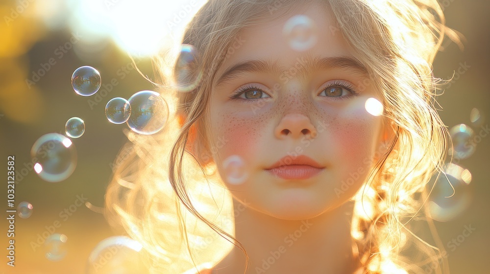 A young girl with freckles looks at the camera with bubbles floating in the air around her. A young girl with freckles looks at the camera with bubbles floating in the air around her.