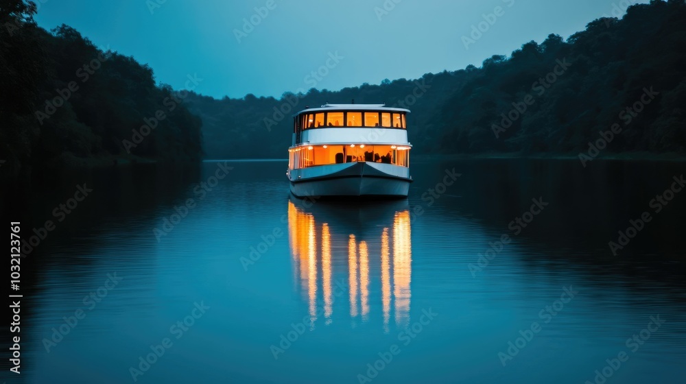Naklejka premium Romantic dinner cruise boat gliding across a serene reflective lake at twilight with the vessel softly illuminated as it sails under the stars creating a captivating and peaceful atmosphere
