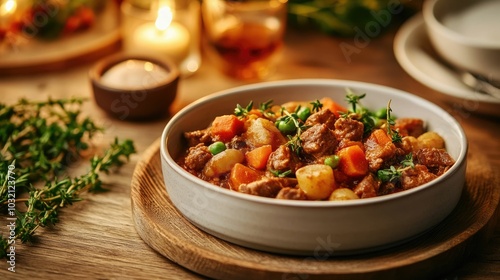 Cozy cabin dinner scene with a hearty homemade stew served under the soft glow of ambient lighting evoking a sense of traditional countryside comfort and nourishment