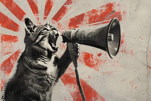 A black and white photo of a cat holding a megaphone, great for illustrations or editorial use photo