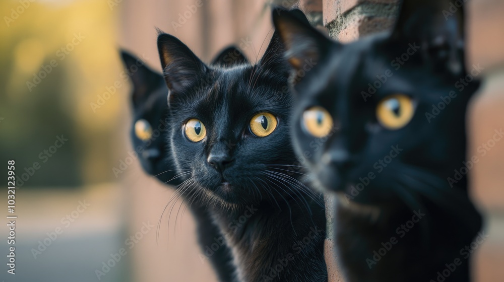 Two black felines sitting side by side, possibly friends or siblings Two black felines sitting side by side, possibly friends or siblings