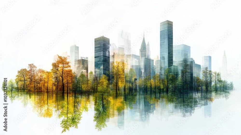Obraz premium Urban Skyline with Autumn Trees and Reflections