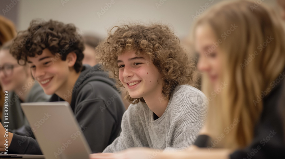 Teenagers gathered around a laptop in a modern classroom, smiling as they collaborate on a group assignmentphoto Teenagers gathered around a laptop in a modern classroom, smiling as they collaborate on a group assignmentphoto