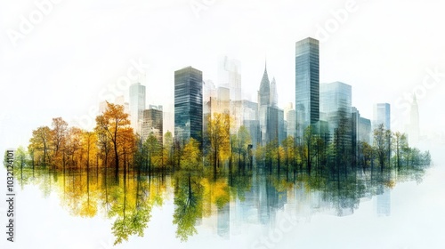 Urban Skyline with Autumn Trees and Reflections