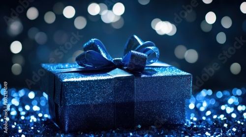 Luminous dark blue box with dreamy ribbon and shimmer photo