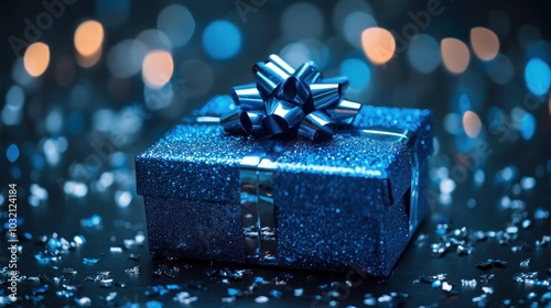 Sparkling blue gift box with metallic ribbon highlight photo