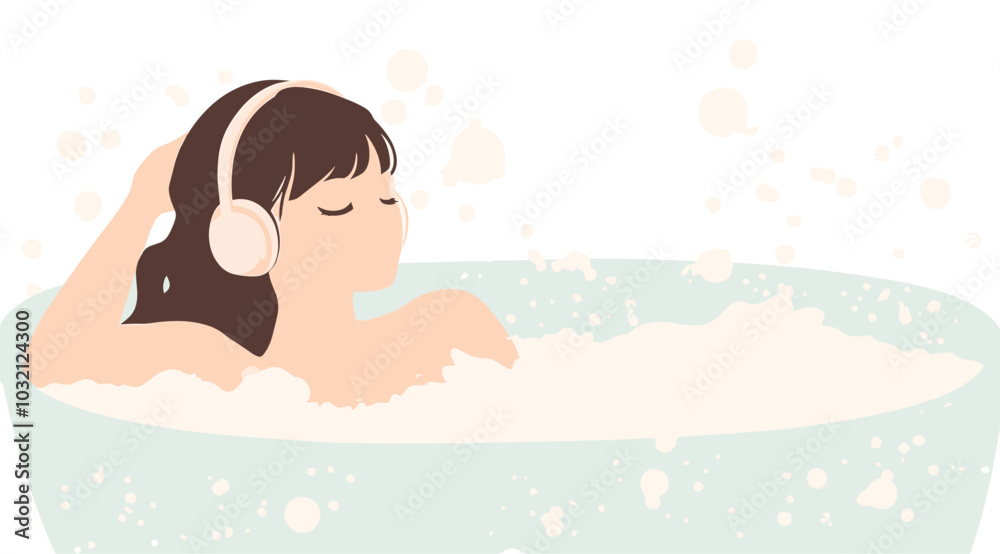 vector drawing girl with girl in headphones sitting in bathroom flat style .Generative AI vector drawing girl with girl in headphones sitting in bathroom flat style .Generative AI