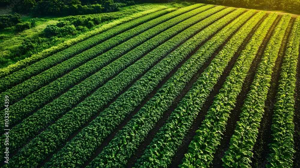 Aerial photography capturing agricultural fields with diverse crop rows in vibrant green hues, presenting geometric patterns and a top-down perspective of sustainable farming. Aerial photography capturing agricultural fields with diverse crop rows in vibrant green hues, presenting geometric patterns and a top-down perspective of sustainable farming.