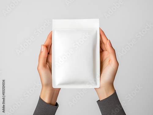 Elegant Hands Holding a Minimalist White Pouch Packaging for Advertising Mockup Featuring Clean Lines and Contemporary Design photo